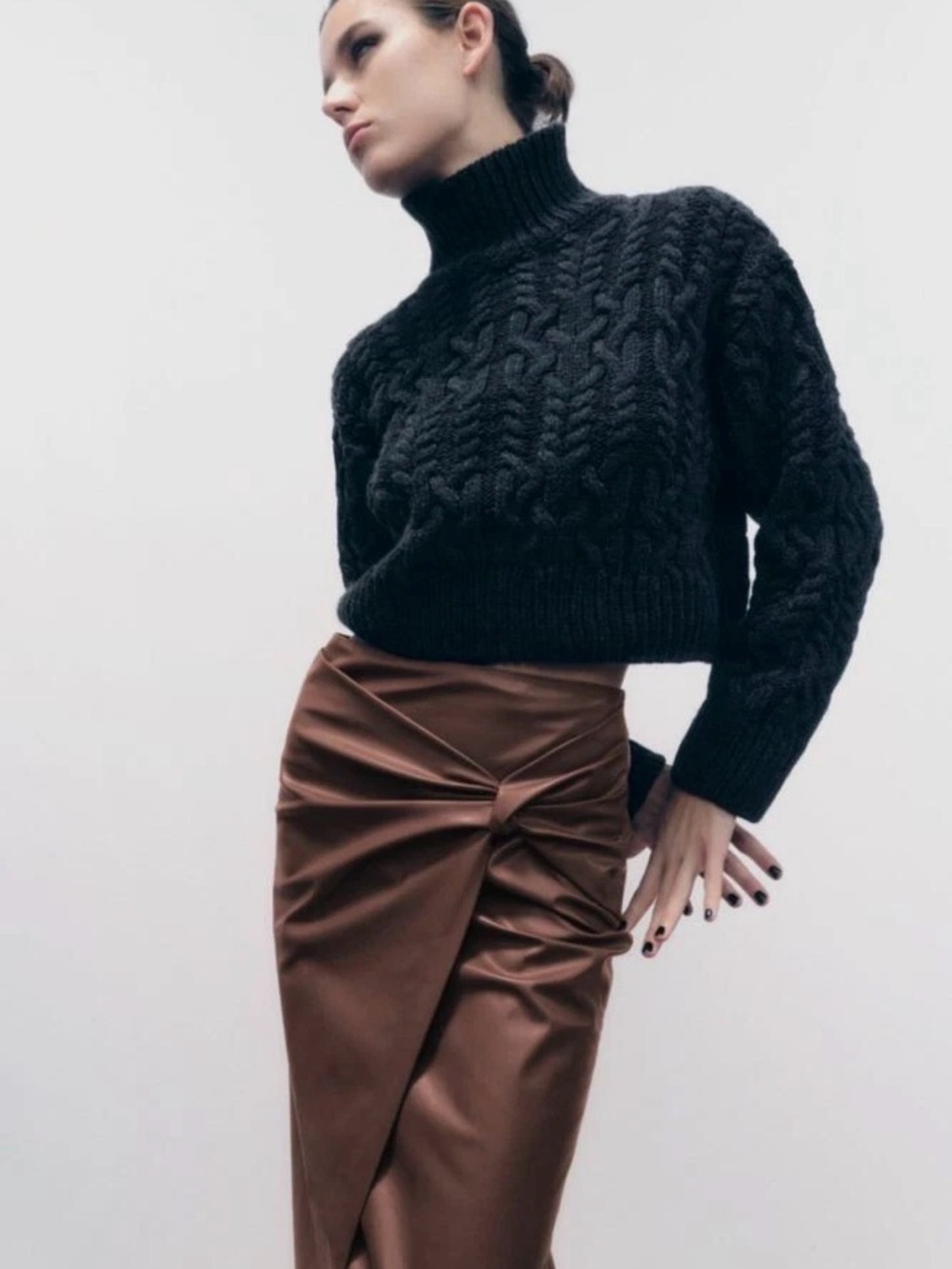 Zara Faux Leather Knotted Twist-Detail Midi Skirt